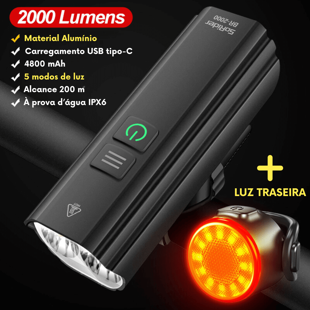 Farol de Bike Led Ultra 1200 e 2000 Lúmens + Lanterna Traseira