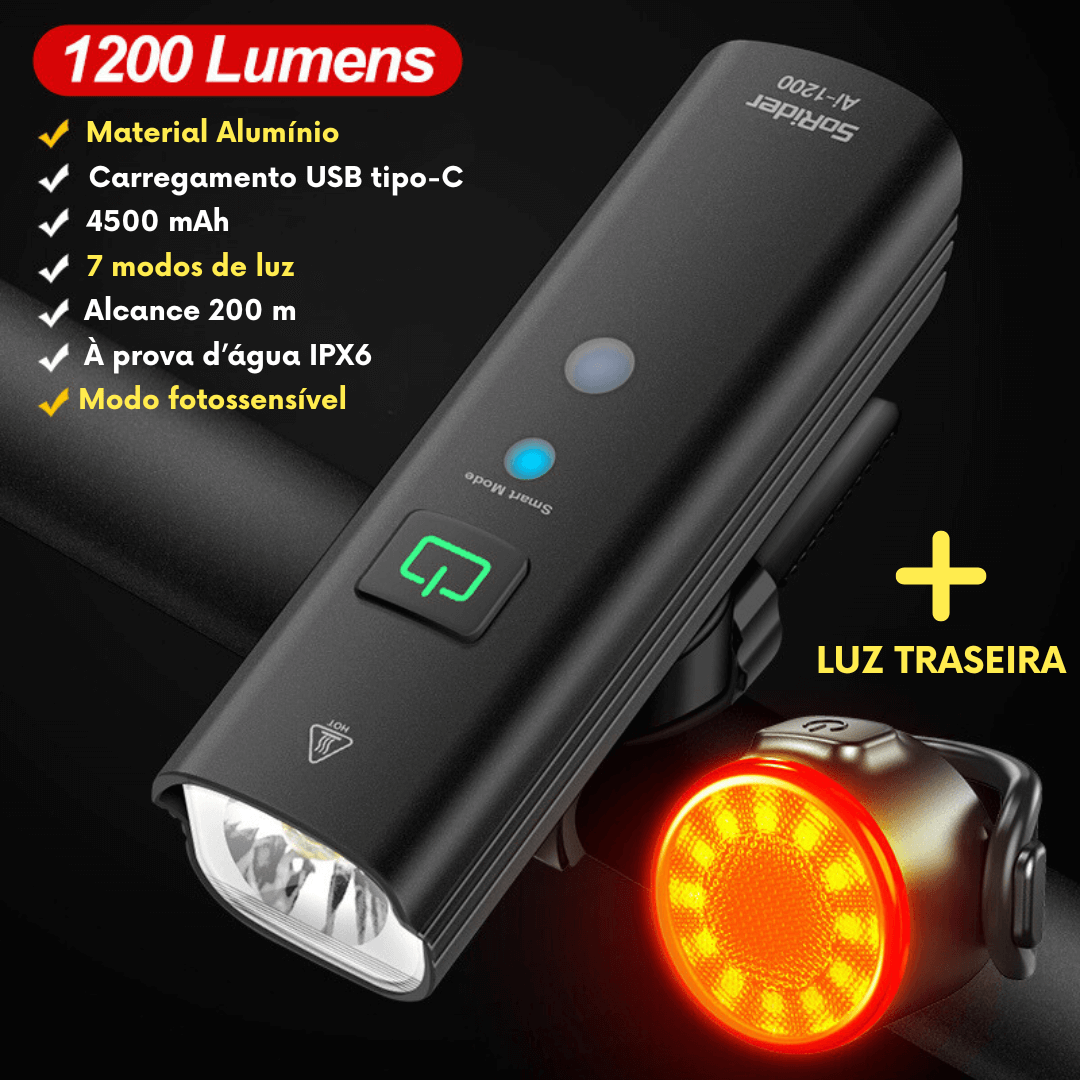 Farol de Bike Led Ultra 1200 e 2000 Lúmens + Lanterna Traseira