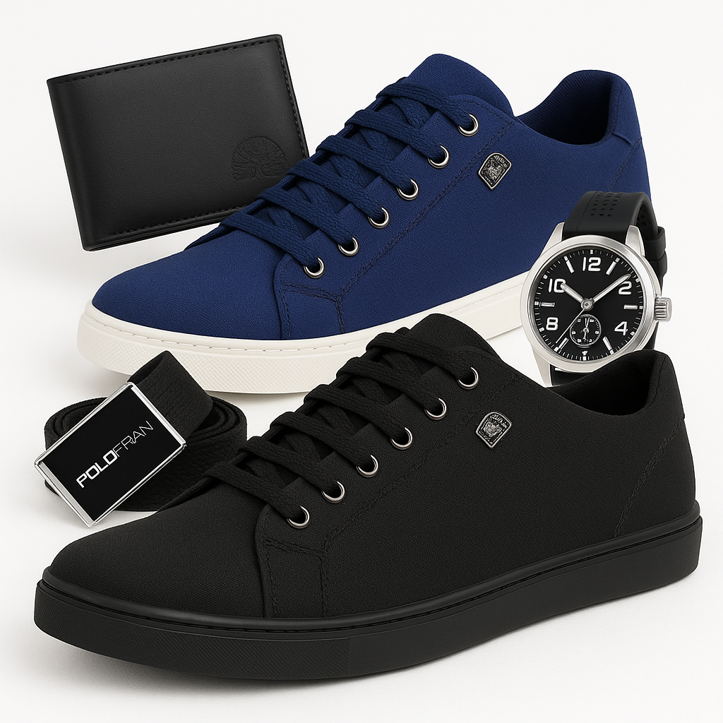 KIT COMPLETO 5 EM 1 – 2 TÊNIS + RELÓGIO + CARTEIRA + CINTO – DE R$139,90 POR APENAS R$69,90!