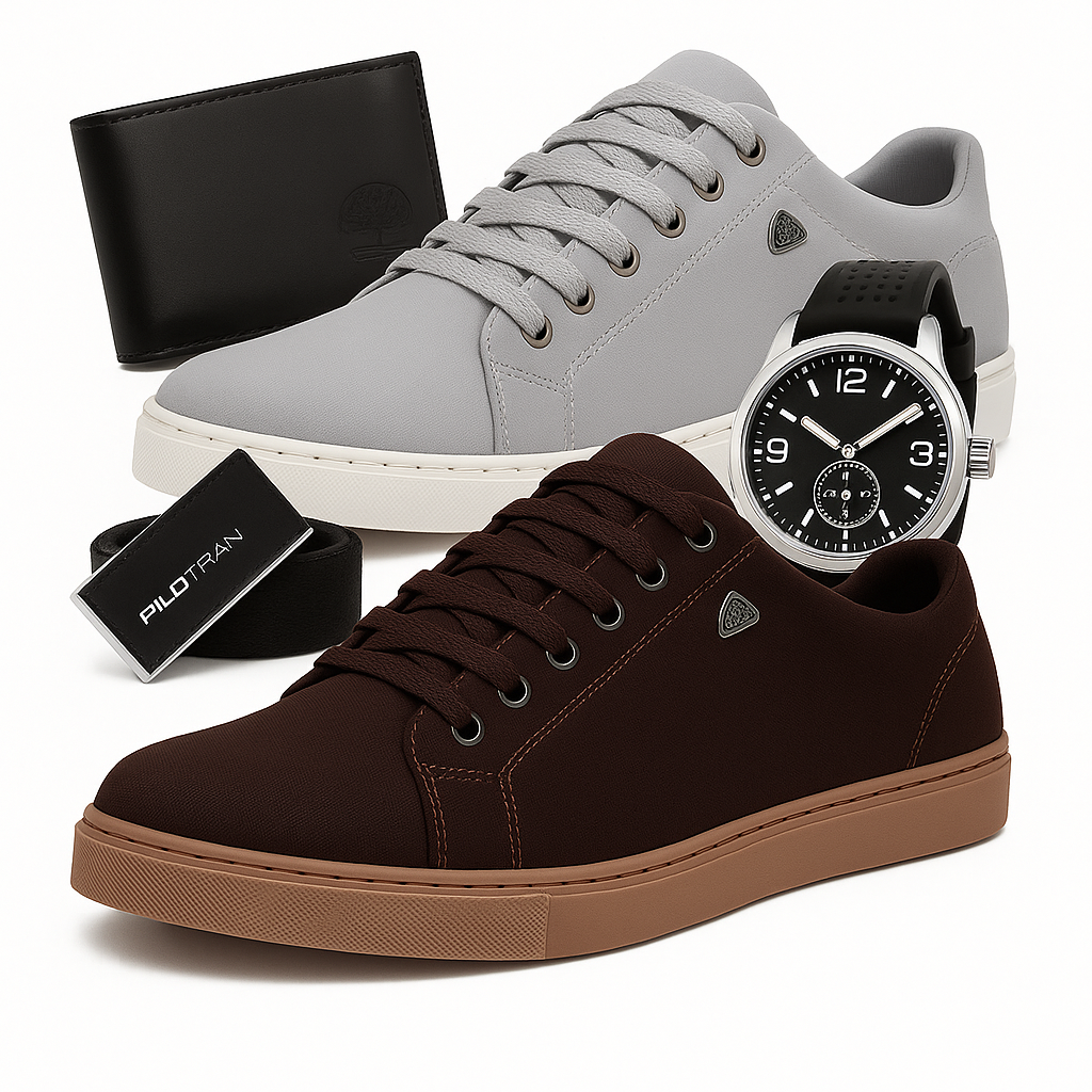 KIT COMPLETO 5 EM 1 – 2 TÊNIS + RELÓGIO + CARTEIRA + CINTO – DE R$139,90 POR APENAS R$69,90!