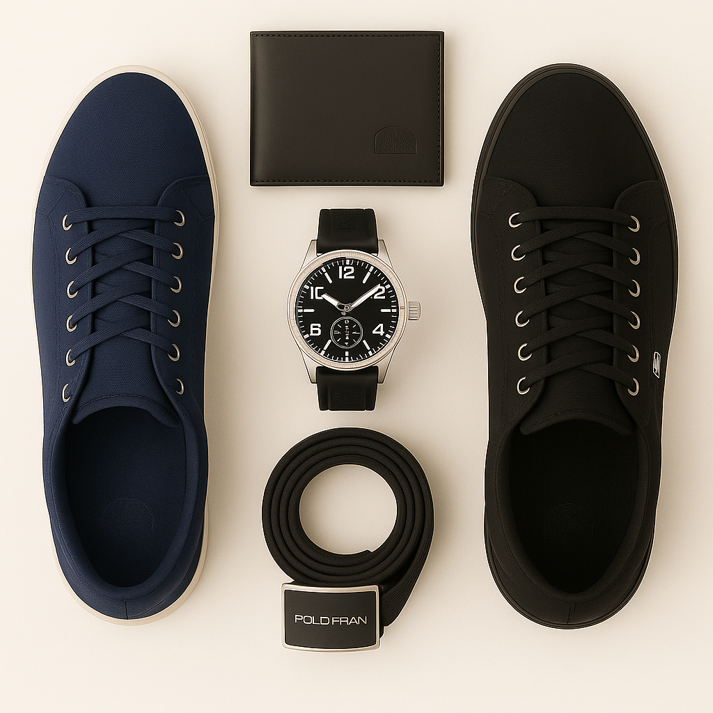 KIT COMPLETO 5 EM 1 – 2 TÊNIS + RELÓGIO + CARTEIRA + CINTO – DE R$139,90 POR APENAS R$69,90!